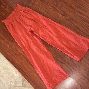 SHEIN Coral-Red Wide Leg Smocked Waist Pants